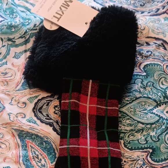 Accessories - Fur Trimmed Plaid Knee High Socks